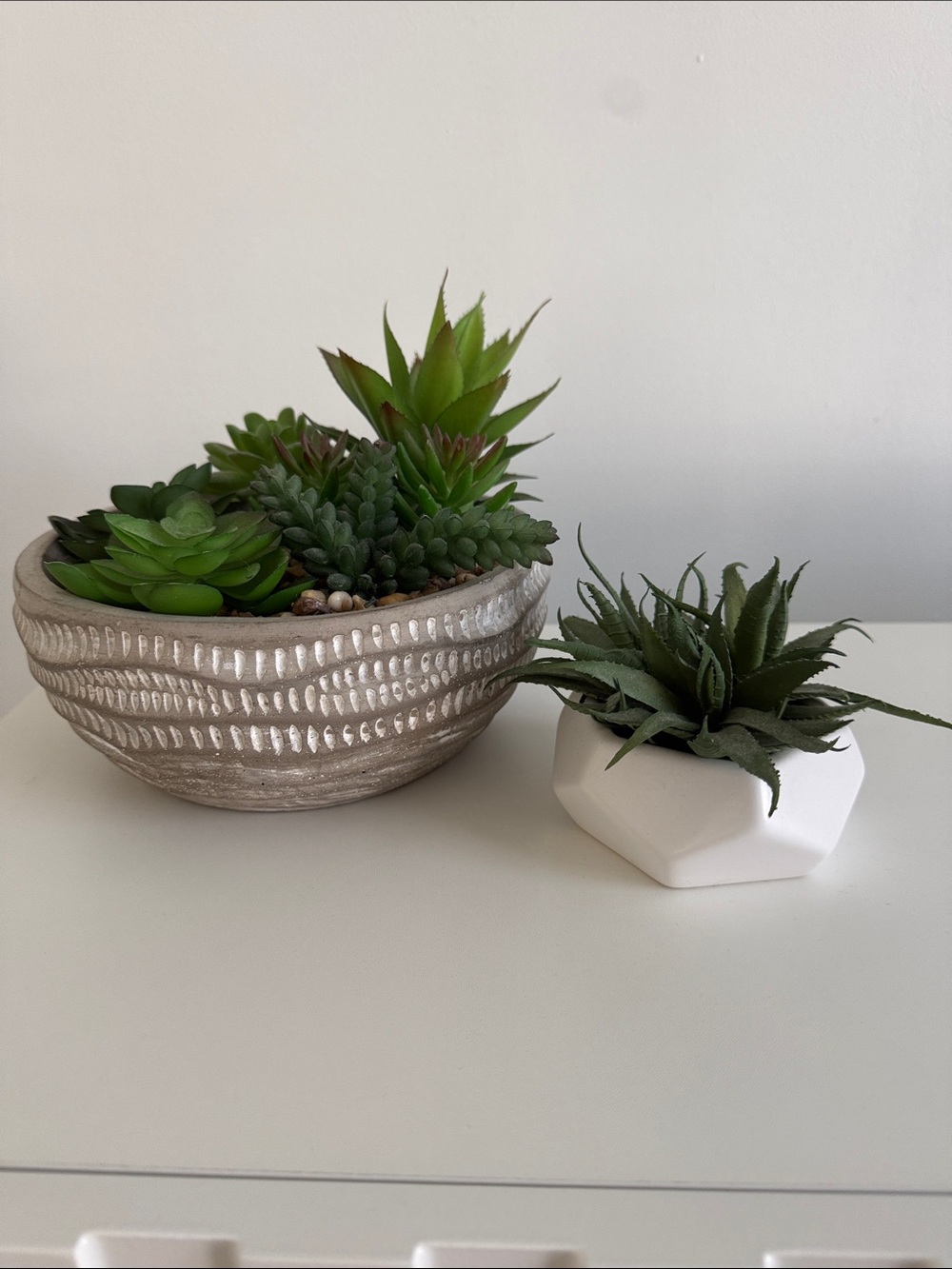 Green Succulent Faux Floral Bowl and White Geometric Planter